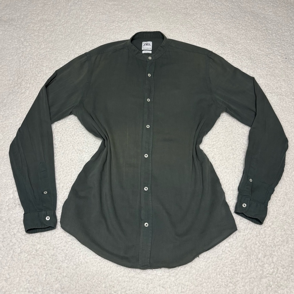 Zara Women Green Linen Blend Round Neck Button Down Shirt
